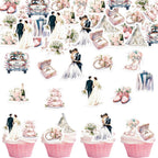 45PCS Edible Wedding Cupcake Toppers Wafer Paper Groom and Bride Cupcake Decoration Diamond Ring Cupcake Picks for Bridal Shower Bachelorette Wedding Party Supplies