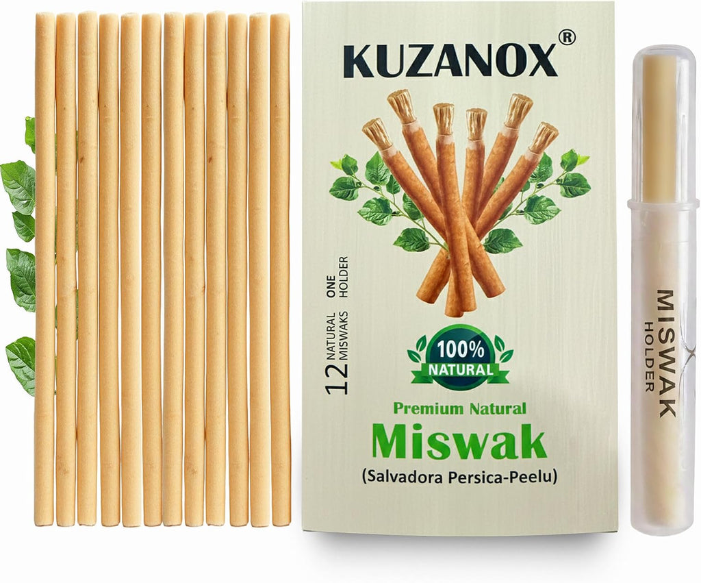 Miswak Sticks for Teeth Pack of 12 with Holder - Natural Miswak Toothbrush Sticks for Fresh Breath - Organic Salvadora Persica Sewak Miswak Sticks Vacuum Sealed