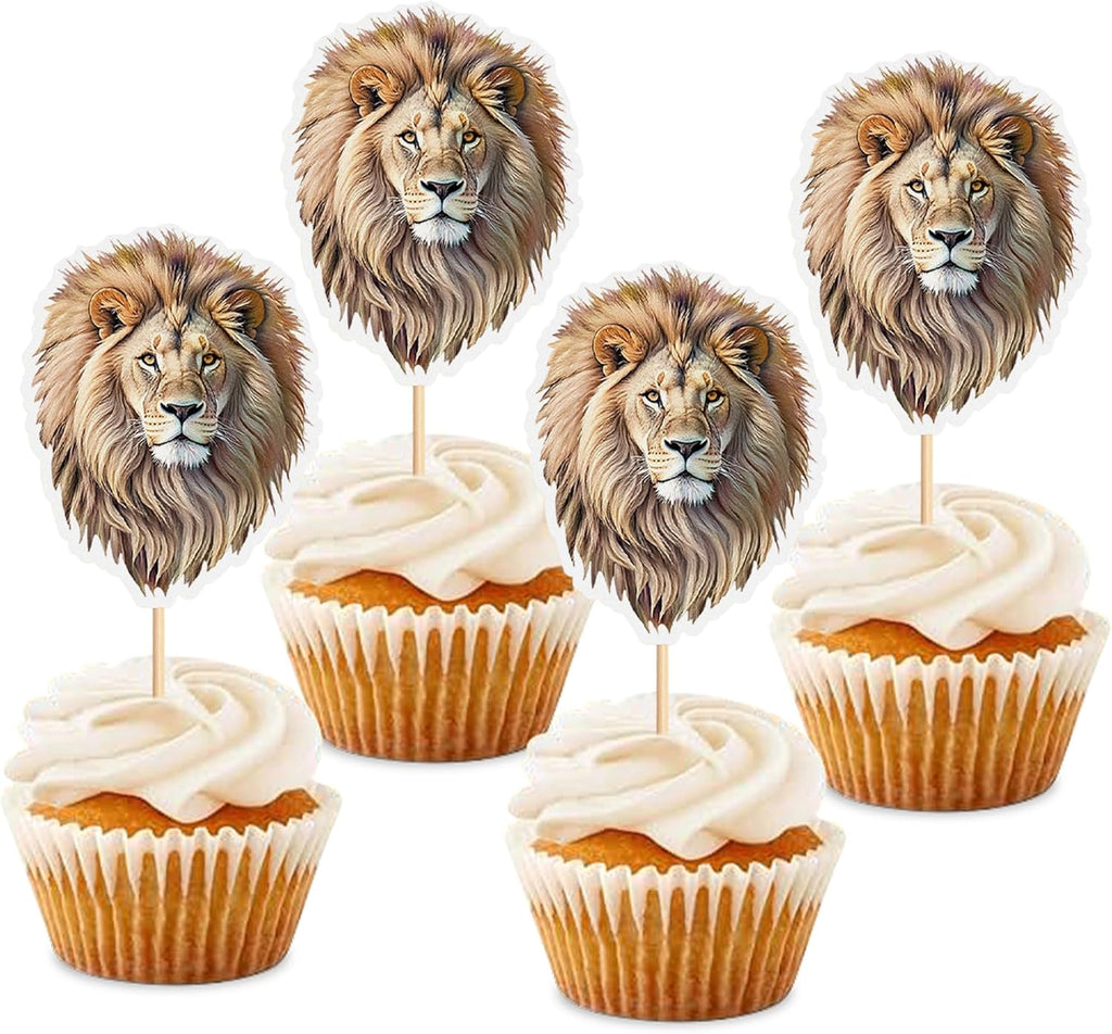Ercadio 24 PCS Lion Cupcake Toppers Jungle Safari Animal Picks for Lion Wild Animal Theme Baby Shower Kids Boys Girls Birthday Party Cake Decorations