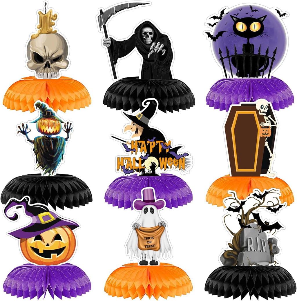 Halloween Table Decorations - 9Pcs Halloween Centerpieces for Tables Black Orange Honeycomb Centerpieces Pumpkin Ghost Witch Cat Table Topper for Spooky Birthday Party Supplies