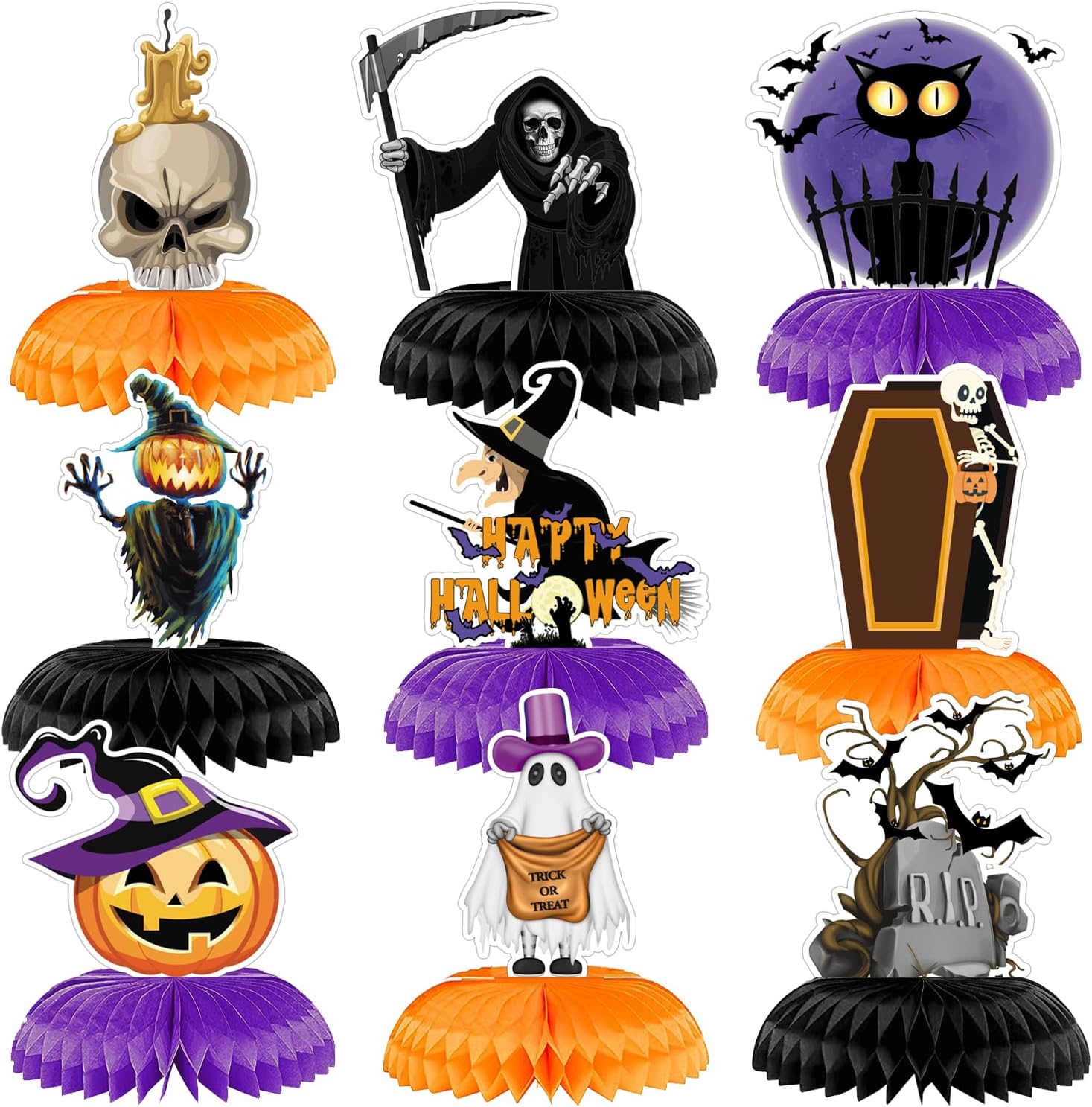 Halloween Table Decorations - 9Pcs Halloween Centerpieces for Tables Black Orange Honeycomb Centerpieces Pumpkin Ghost Witch Cat Table Topper for Spooky Birthday Party Supplies