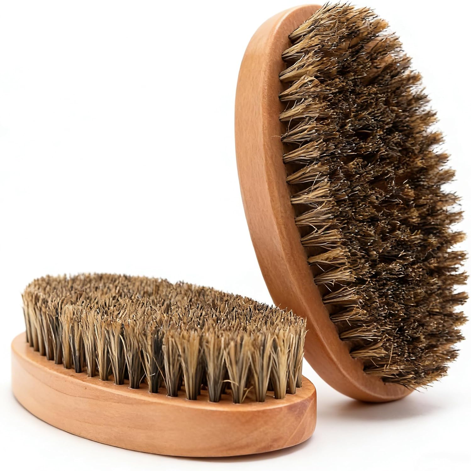 2-Pack Wooden Boar Bristle Beard & Hair Brush for Men - Soft Bristles for Grooming, Compact Travel Size