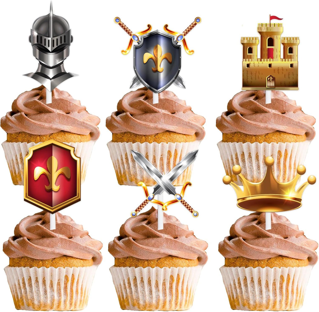 18pcs Gold Glitter Dessert Cupcake Topper Medieval Knights Theme Decorations Men Boys Happy Birthday Party Decor Supplies