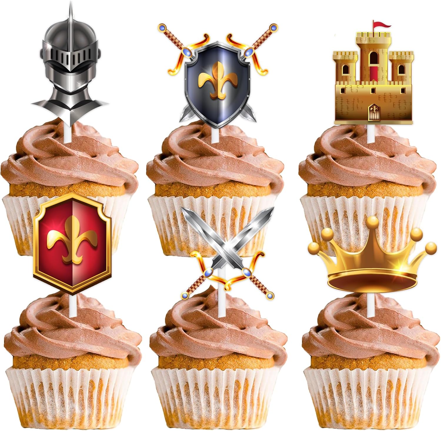 18pcs Gold Glitter Dessert Cupcake Topper Medieval Knights Theme Decorations Men Boys Happy Birthday Party Decor Supplies