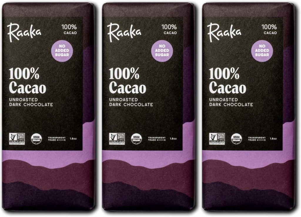 Raaka 100% Dark Chocolate Bars - Unsweetened, Bitter, Sugar Free, Pure Cacao - Organic, Vegan, Soy Free, Gluten Free, Kosher, Keto, Nut Free - 1.8oz 100% Chocolate Bars, 3-Pack