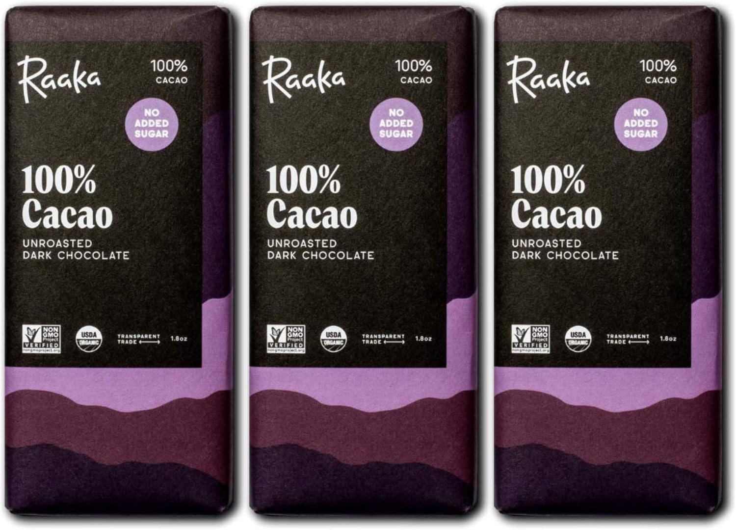 Raaka 100% Dark Chocolate Bars - Unsweetened, Bitter, Sugar Free, Pure Cacao - Organic, Vegan, Soy Free, Gluten Free, Kosher, Keto, Nut Free - 1.8oz 100% Chocolate Bars, 3-Pack