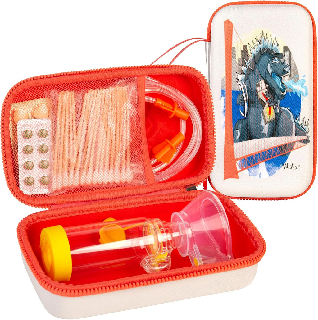 – Dinosaur Kids Inhaler & Spacer Semi-Rigid EVA Case – Protective Asthma Travel Bag for Inhalers, Pediatric Chambers & Portable Nebulizers – Washable Organizer - (Only the Case)