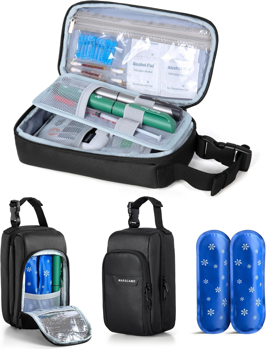 Diabetes Travel Case with 2 Ice Packs, Insulin Cooler Travel Case with Multiple Pockets and Buckle Handle, Black
