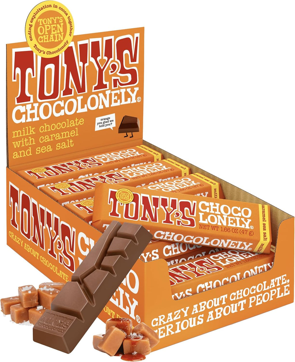 Tony’s Chocolonely Belgian Milk Chocolate Candy Bar With Caramel & Sea Salt, Chocolate Bars for Snacks, Party Favors, or Gifts, 32% Cacao, Made From Quality Fairtrade Cocoa, 20 Bars, 1.66 Oz Each