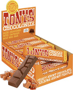 Tony’s Chocolonely Belgian Milk Chocolate Candy Bar With Caramel & Sea Salt, Chocolate Bars for Snacks, Party Favors, or Gifts, 32% Cacao, Made From Quality Fairtrade Cocoa, 20 Bars, 1.66 Oz Each