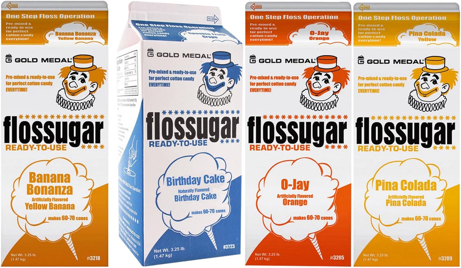Cotton Candy Floss sugar Mix Flavors | Pack Of 4 | Banana, Orange, Birthday Cake and Pina Colada Flavors | 1/2 Gallon Cartons