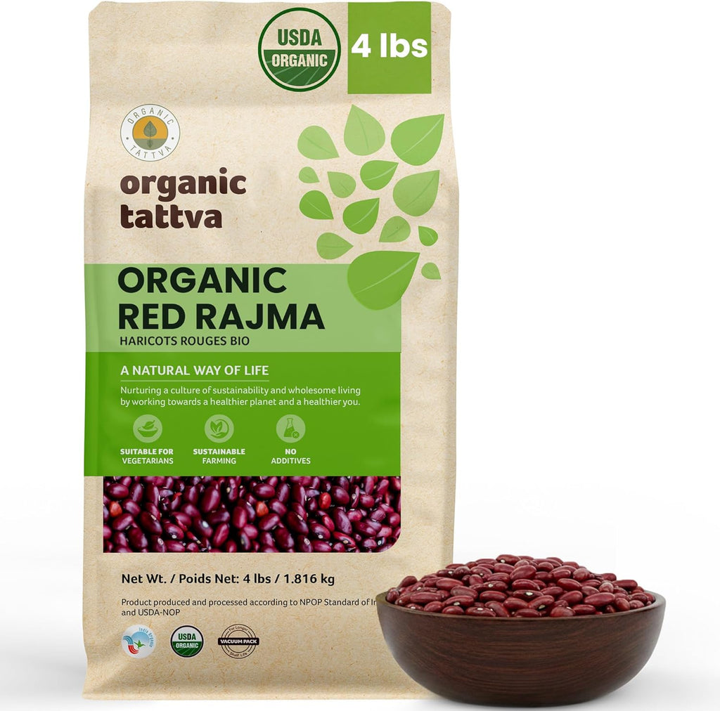 Organic Tattva Dark Red Kidney Beans (4 lbs) - Organic Kidney Beans - Dried & Unpolished Red Rajma Bean - High Protein Plant Based Nutrition - Gluten Free, Vegan, Kosher - USDA Certified Legumes
