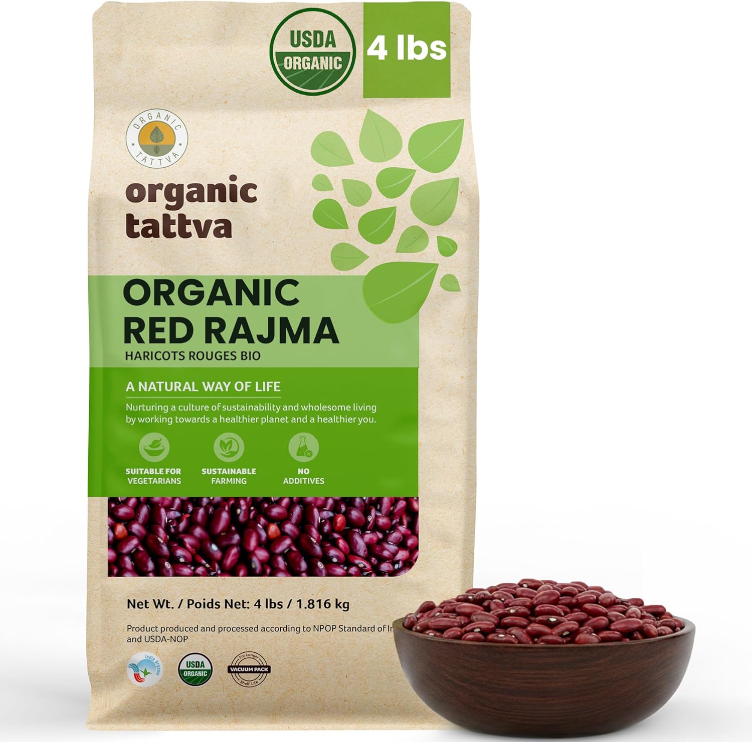 Organic Tattva Dark Red Kidney Beans (4 lbs) - Organic Kidney Beans - Dried & Unpolished Red Rajma Bean - High Protein Plant Based Nutrition - Gluten Free, Vegan, Kosher - USDA Certified Legumes