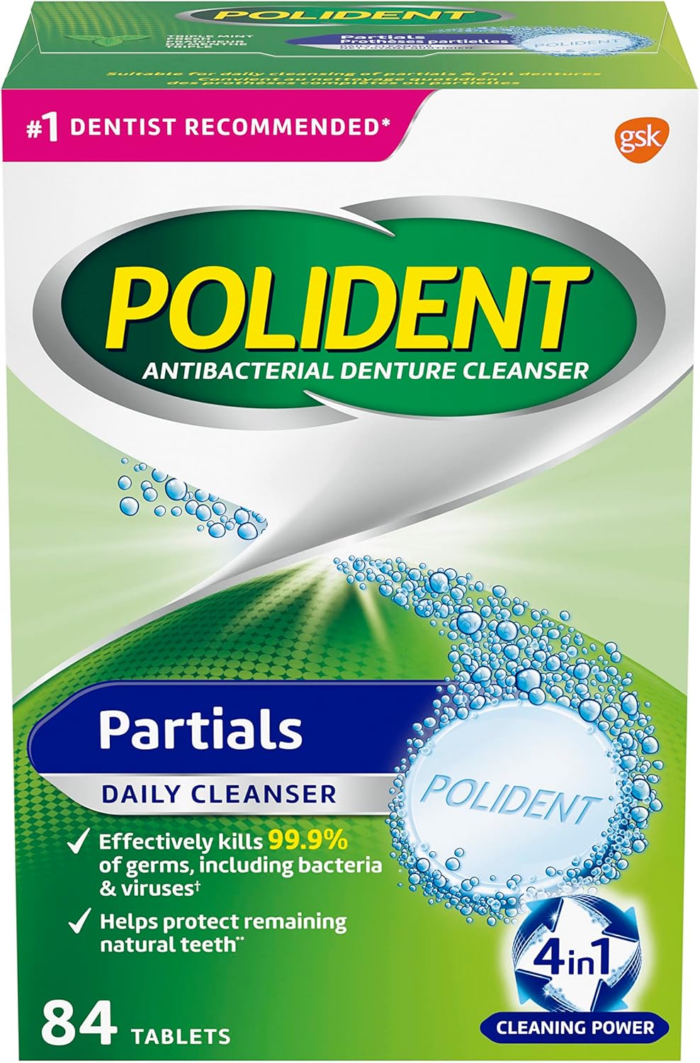Polident Partials Denture Cleaning Tablets, Triple Fresh Mint, 84 Count, White