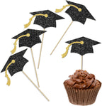 24Pcs Black Gold Glitter Graduation Cap Cupcake Toppers 2026, Grad Cap Cupcake Picks for Class of 2026 Graduation Party Decorations.