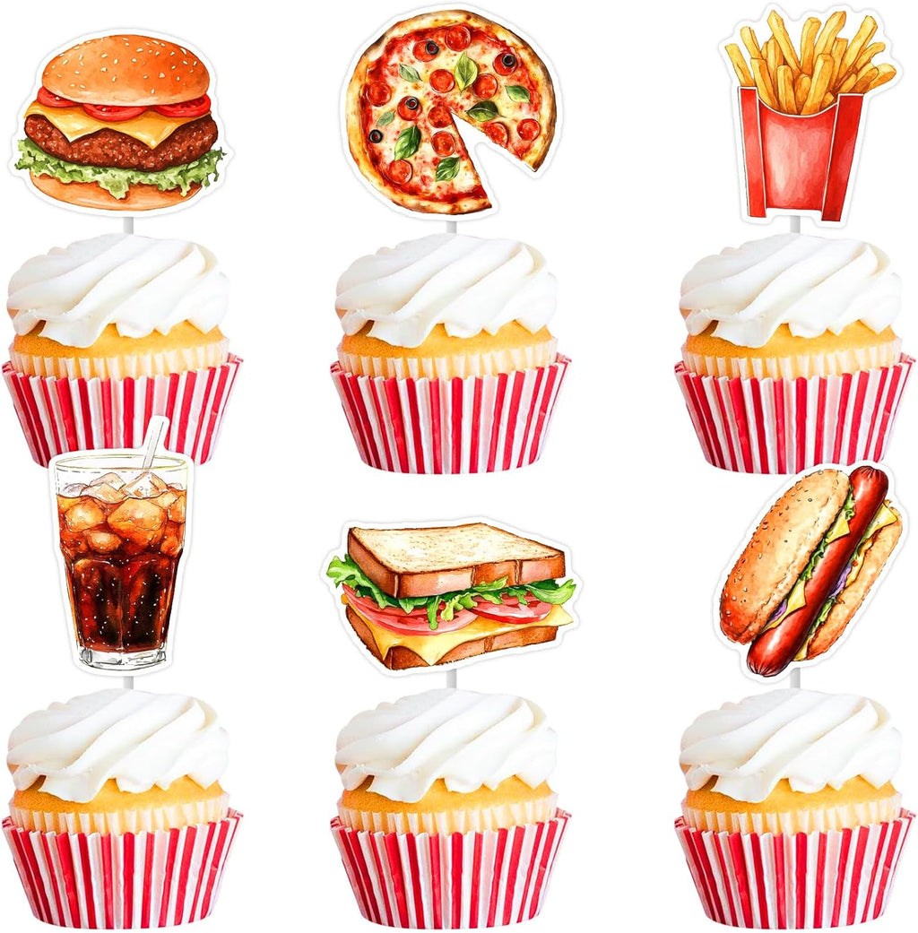 Cheereveal Fast Food Party Decorations, 36pcs Fast Food Cupcake Toppers, French Fries Pizza Cake Decorations, Junk Food Themed Birthday Baby Shower Carnival Party Supplies