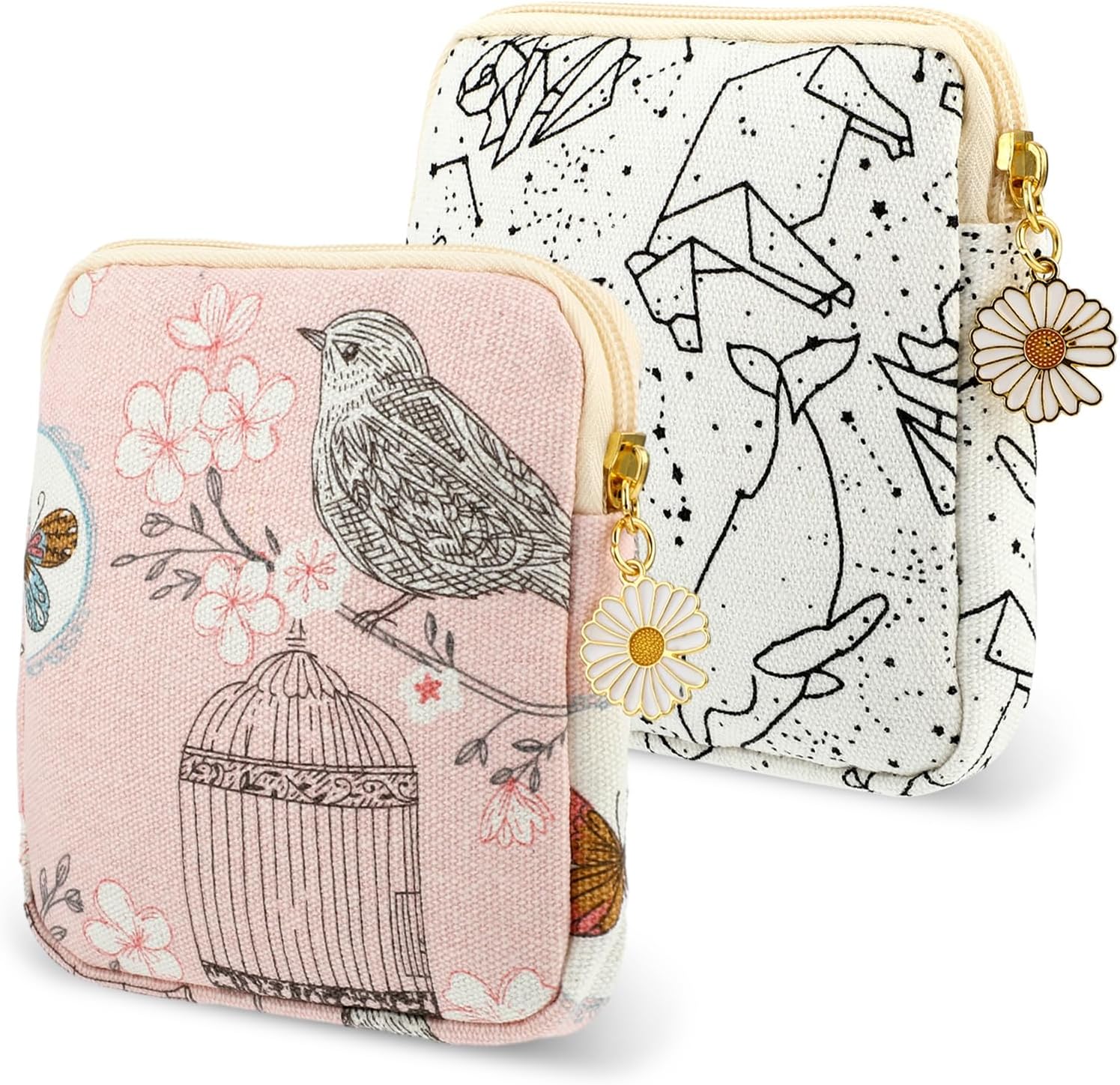Amabro Sanitary Napkin Storage Bag, 2PCS Period Bags Cute Sanitary Pad Storage Pouch Tampon Pantyliners Menstrual Purse Daisy Zipper for Women Teen Girls School Travel Feminine Product(Bird)