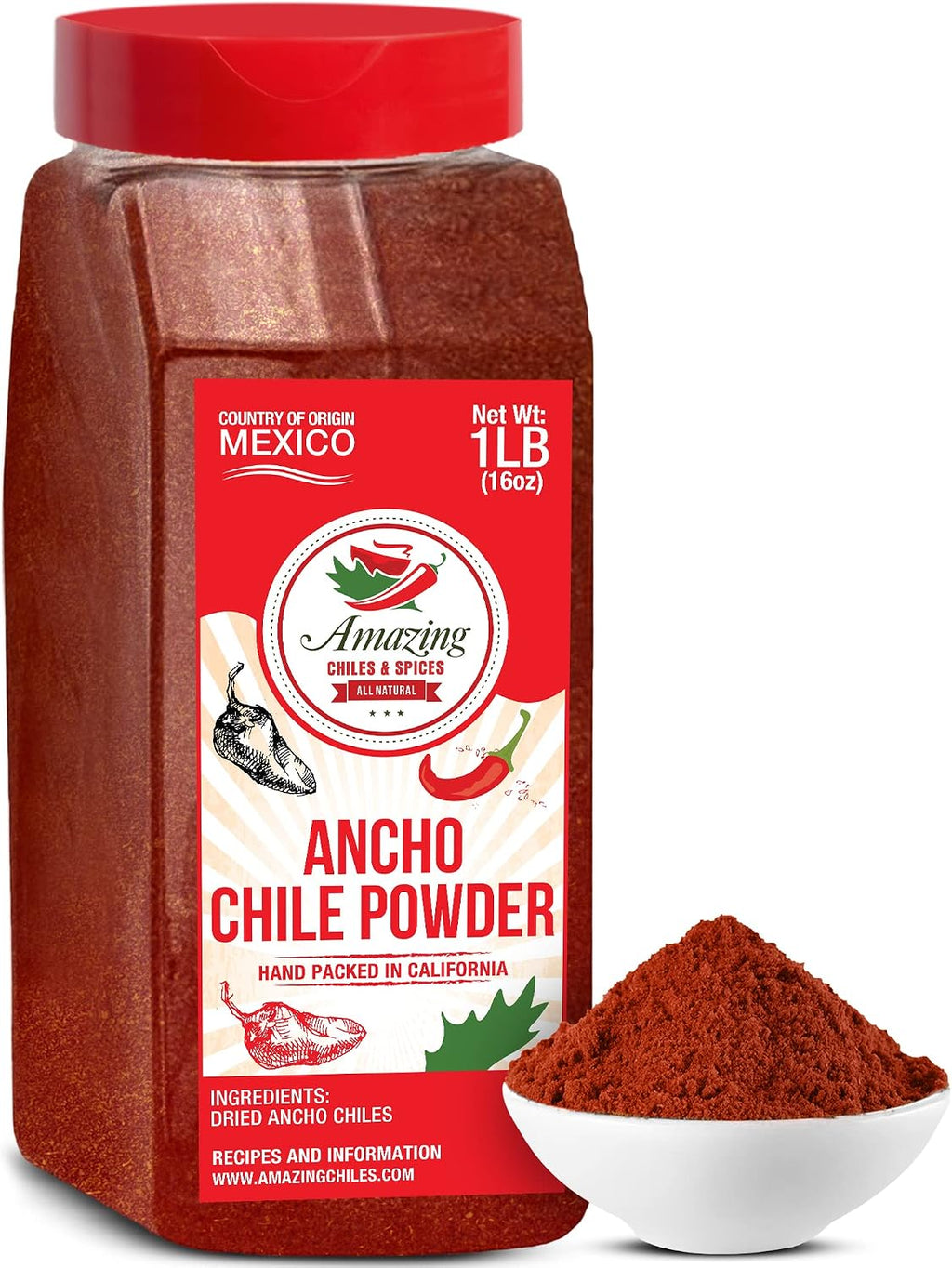 Ancho Chile Pepper Powder Ground 1 LB (16oz) – All Natural - Use For Recipes Like Mexican Mole, Sauces, Stews, Salsa, Meats, Enchiladas. Medium Heat -Sweet & Smoky Flavor. By Amazing Chiles & Spices