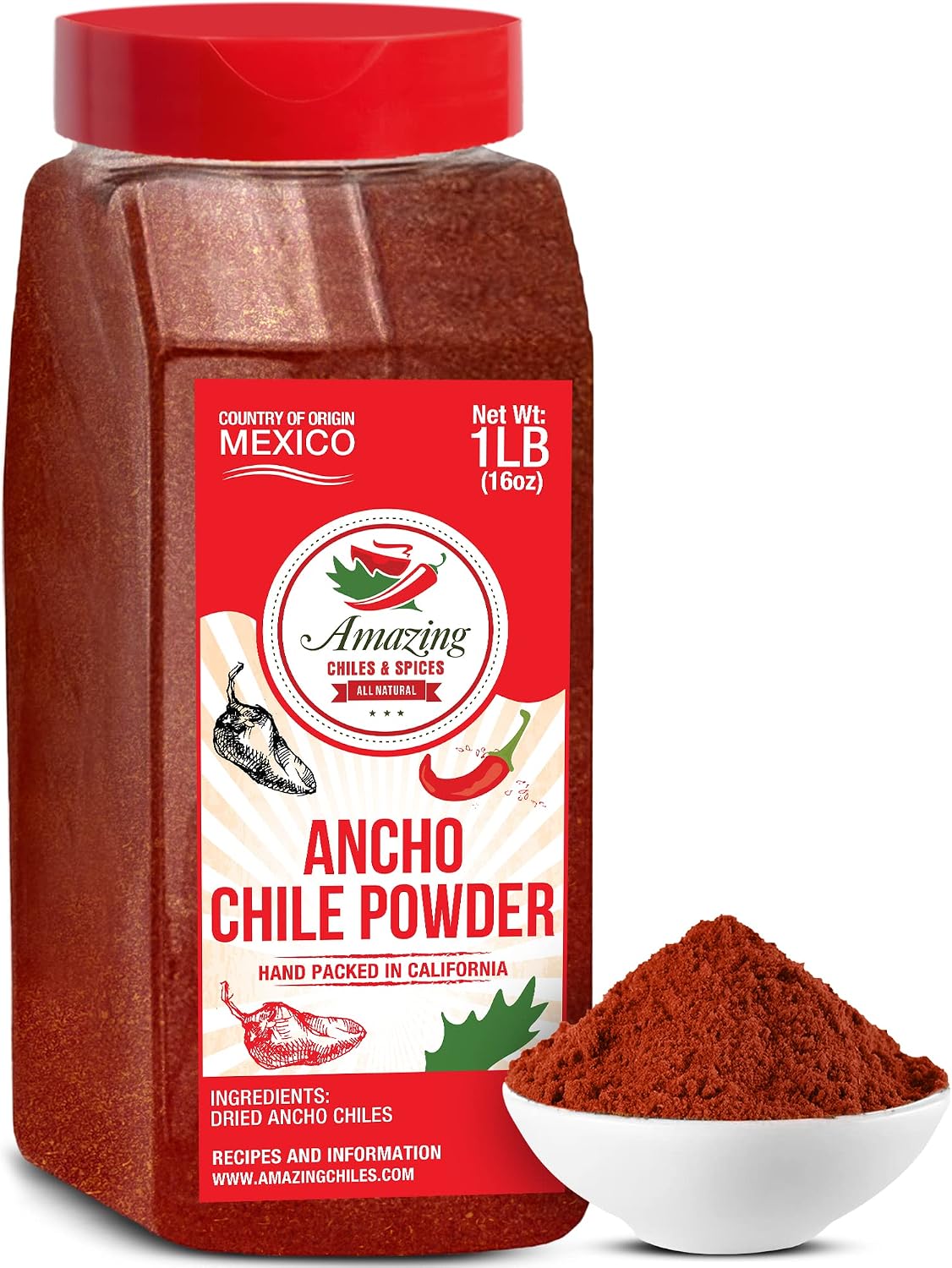 Ancho Chile Pepper Powder Ground 1 LB (16oz) – All Natural - Use For Recipes Like Mexican Mole, Sauces, Stews, Salsa, Meats, Enchiladas. Medium Heat -Sweet & Smoky Flavor. By Amazing Chiles & Spices