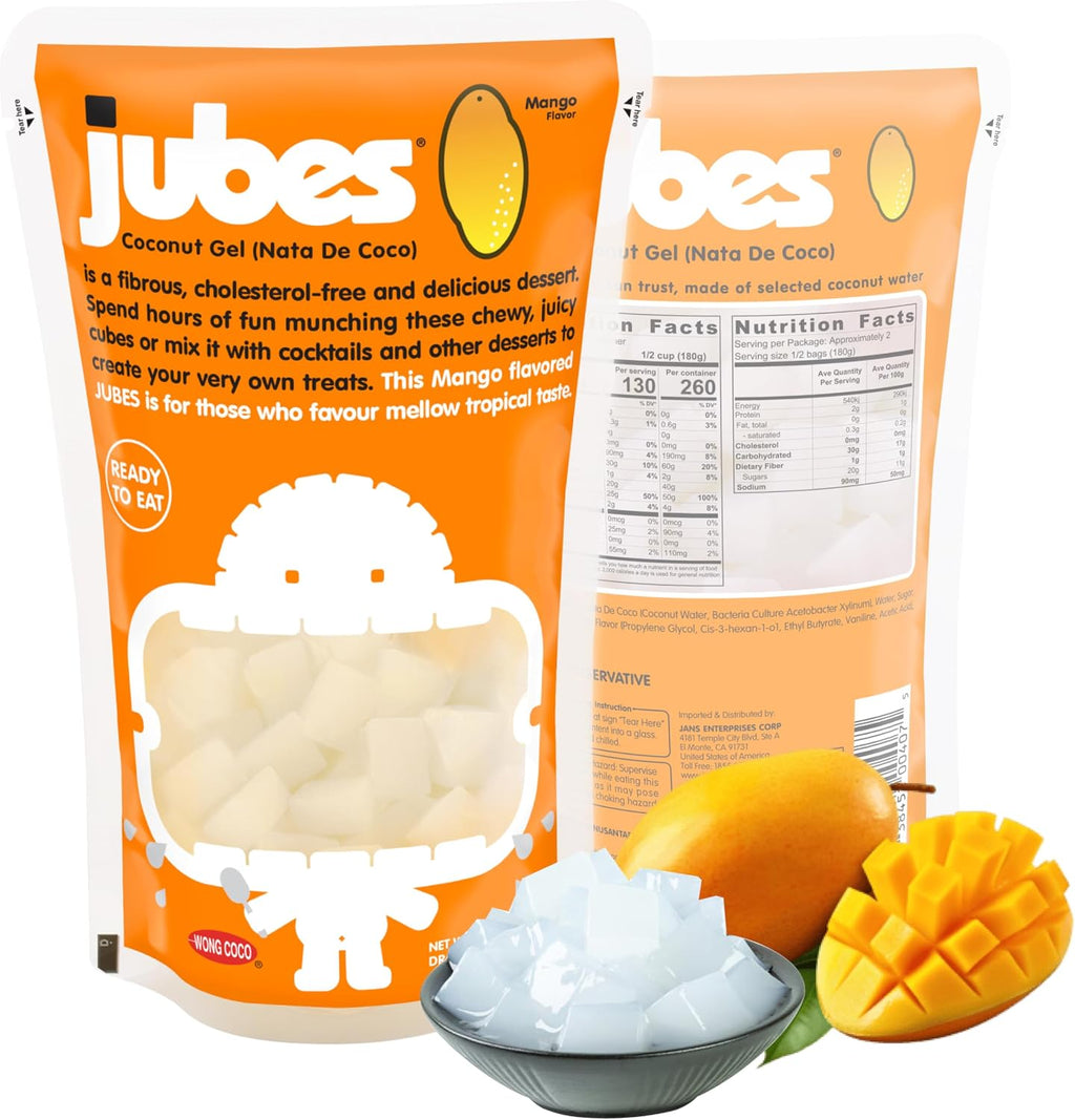 Jubes Mango Nata De Coco Jelly Cubes 12.7 oz - Mango Coconut Jelly Cubes for Sago - Coconut Gel in Syrup Toppings for Fruit Tea, Boba, Bubble Tea, Drinks, Desserts Yogurt, Ice Cream, Beverage