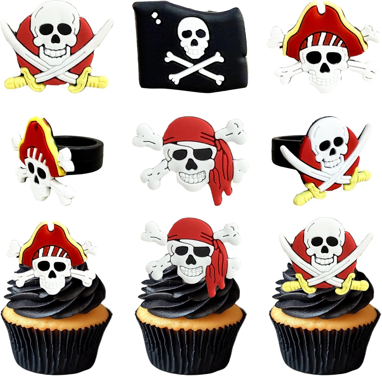 24 PCS Pirate Rings Cupcake Toppers Durable PVC Skull Cake Topper Pirate Birthday Party Decorations for Nautical Theme Baby Shower Kids Boys Men Birthday Party Cake Decorations Supplies