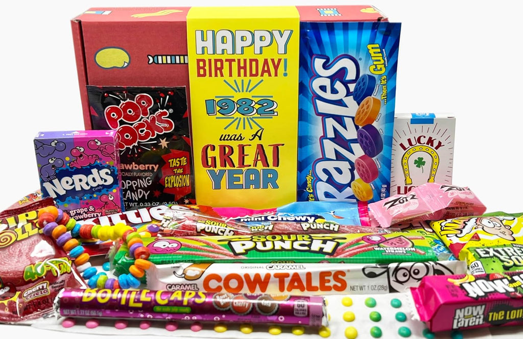 RETRO CANDY YUM ~ 1982 44th Birthday Nostalgic Candy Gift Basket Box 80s Assortment from Childhood for 44 Year Old Woman or Man Born 1982 JR