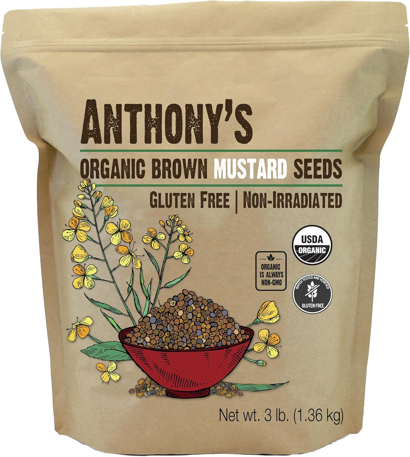 Anthony's Organic Brown Mustard Seeds, 3 lb, Gluten Free, Non GMO, Keto Friendly
