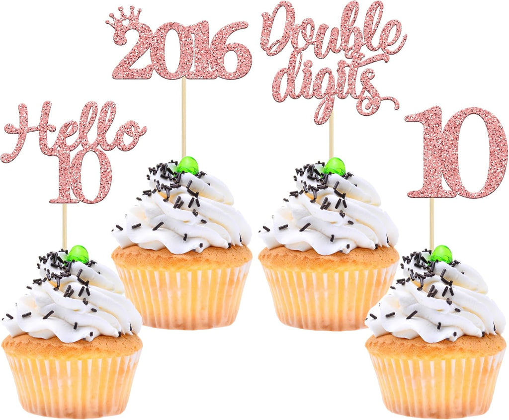 Gyufise 24 Pack Rose Gold Glitter Happy 10th Birthday Cupcake Toppers 10 Ten Hello 10 Double Dights Since 2015 Cupcake Picks for 10th Birthday Party Decorations