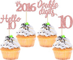 Gyufise 24 Pack Rose Gold Glitter Happy 10th Birthday Cupcake Toppers 10 Ten Hello 10 Double Dights Since 2015 Cupcake Picks for 10th Birthday Party Decorations