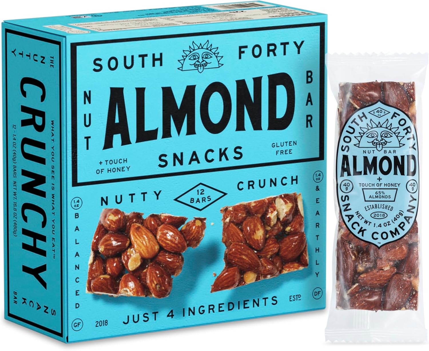 South 40 Snacks Crunchy Almond Bar, Just 4 Ingredients, Touch of Honey (40g Bar, Pack of 12)