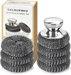 7PCS Steel Wool Scrubber Pads, Stainless Steel Scrubber Set with 1PCS Handle, Metal Scrubbers for Cleaning Kitchen and Household, Dishes, Stoves, Grill, Wash Sink, Pots