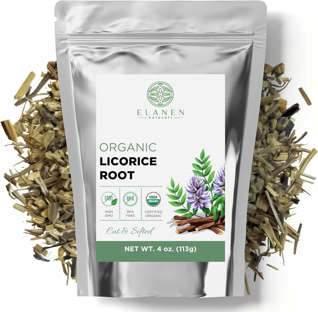 Elanen Naturals Organic Licorice Root 4 oz. (113g), USDA Certified Organic Licorice Root Tea, Licourice Bulk Chopped, Liquorice, Raiz de Regaliz Licrice, Glycyrrhiza glabra, Cut & Sifted