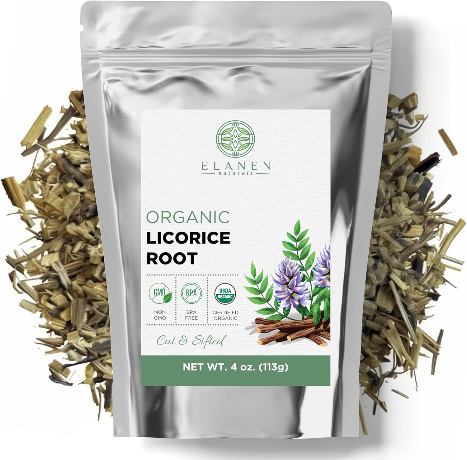 Elanen Naturals Organic Licorice Root 4 oz. (113g), USDA Certified Organic Licorice Root Tea, Licourice Bulk Chopped, Liquorice, Raiz de Regaliz Licrice, Glycyrrhiza glabra, Cut & Sifted