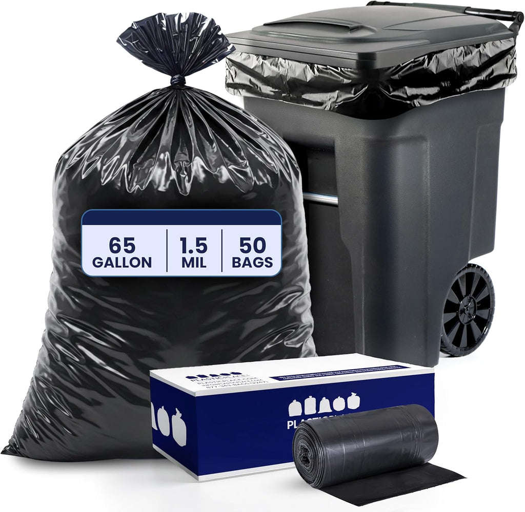 Plasticplace 65 Gallon Trash Bags │ 1.5 Mil │ Black Heavy Duty Garbage Can Liners │ 50” x 48” (50 Count)