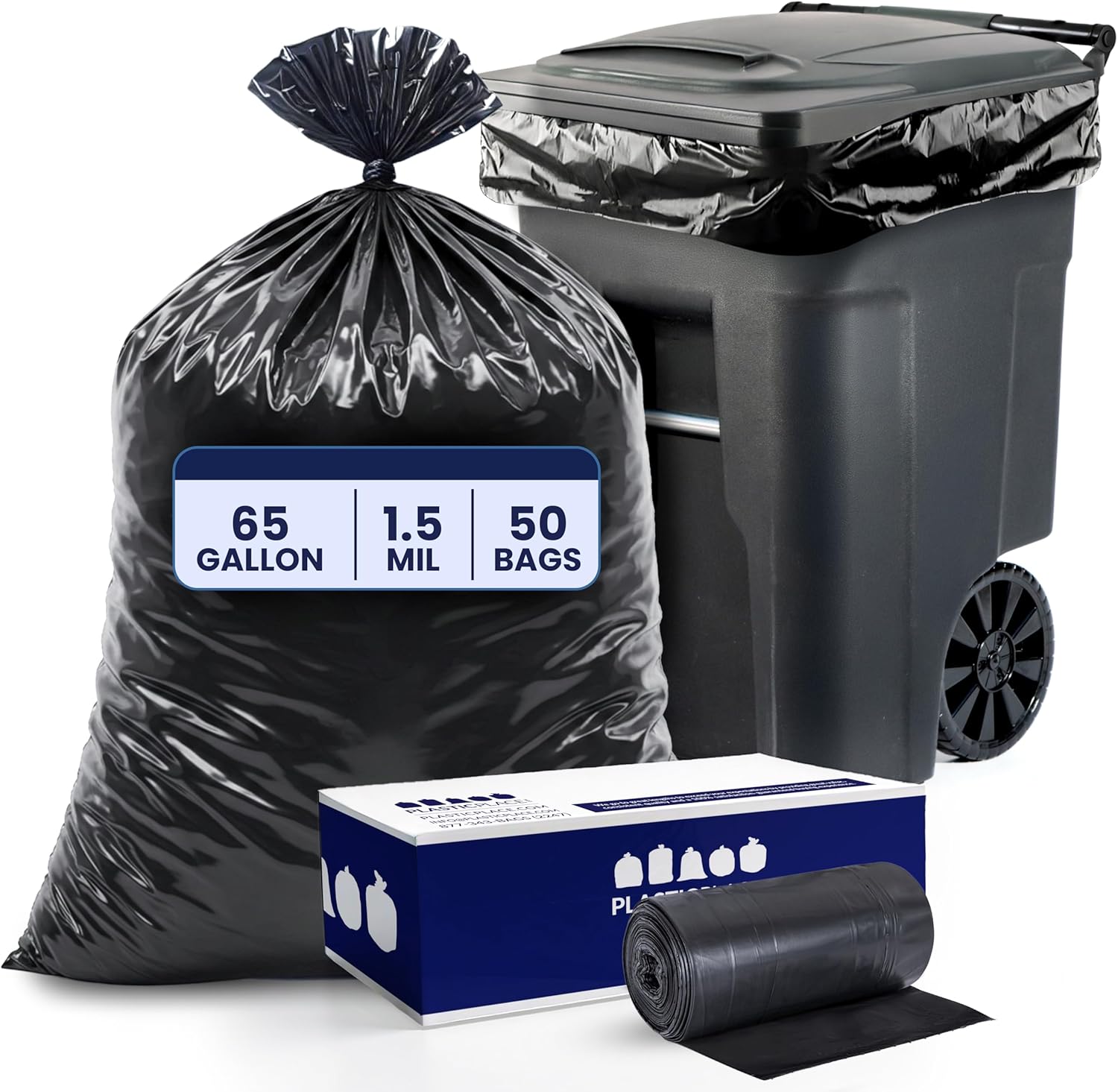 Plasticplace 65 Gallon Trash Bags │ 1.5 Mil │ Black Heavy Duty Garbage Can Liners │ 50” x 48” (50 Count)