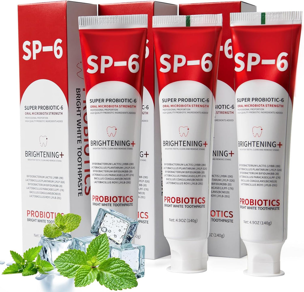 SP-6 Probiotic Whitening Toothpaste, SP-6 Probiotic Toothpaste, Enhanced Formula with 6 Probiotics for Teeth Whitening/Brightening, Enamel-Safe, Fluoride-Free, Fresh Mint Flavor, 4.9oz, 3Pack