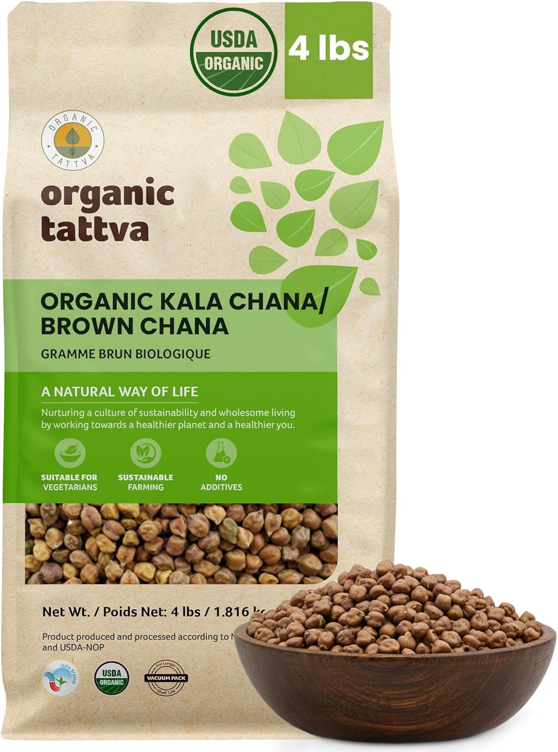 Organic Tattva Kala Chana Whole (4 lbs) - Organic Black Chickpeas - Unpolished Brown Chick Peas - Rich in Protein - Gluten Free - No Addtitives - USDA Certified