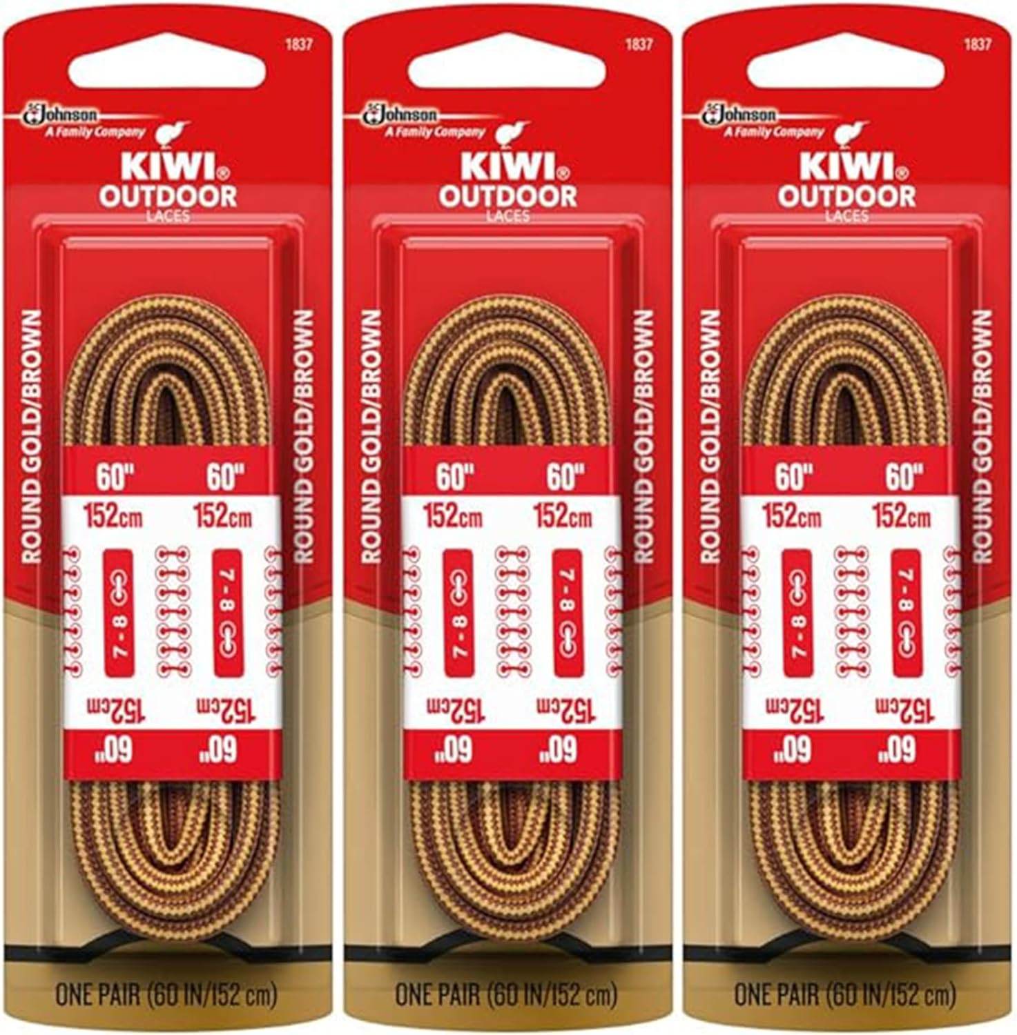 KIWI Outdoor Round Gold/Brown Boot Laces, 60 Inch, 3 Pack (3 Pairs) for Hiking, Work and Outdoor Boots