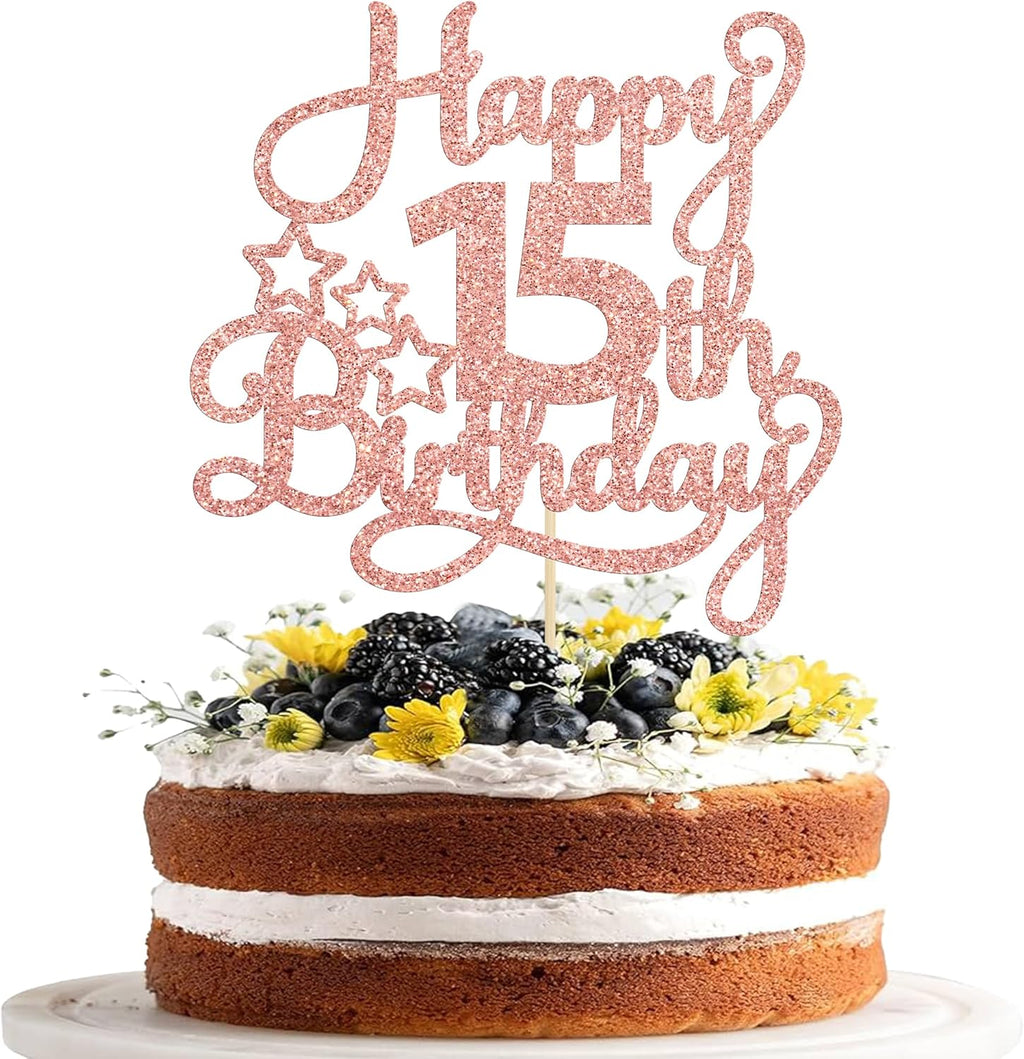 1 Pack Happy 15th Birthday Cake Topper Rose Gold Glitter Mis Quince 15 Cheers to 15 Years Old Birthday Cake Pick for Celebrating 15th Birthday Anniversary Party Cake Decorations Supplies