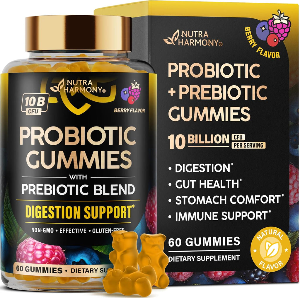 Probiotic Gummies 10B CFU with Prebiotic Fiber - Digestion & Immune Support - Debloat, Stomach & Gut Comfort - Probiotics for Women & Men - Natural Berry Flavor - Vegan & Sugar-free - 60 Gummies