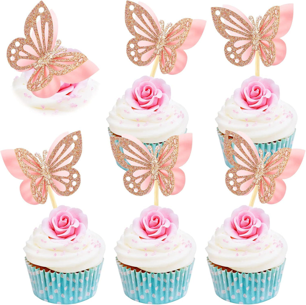 Chinco 48 Pcs Butterfly Cupcake Toppers Assembled Double Layer Cupcake Topper 3D Glitter Cake Topper Butterfly Cocktail Pick Decoration for Baby Shower Birthday Wedding(Pink,Classic Style)