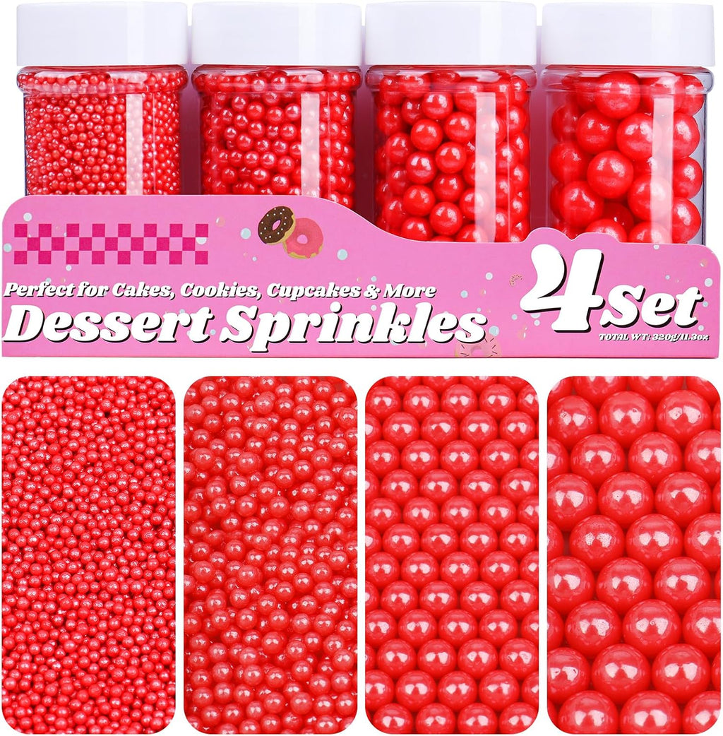Red Pearl Sprinkles for Cake Decorating, 11.3 Oz Edible Pearls Sugar Large Capacity 4 Jars Set for Baking Cookie Ice Cream Cupcake Topping