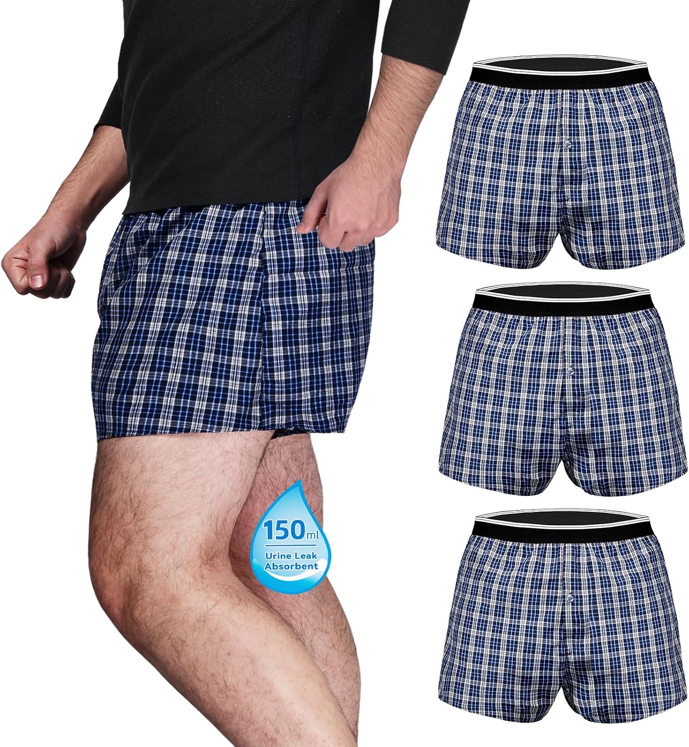 TIICHOO Washable Bowel Incontinence Underwear for Men Leakproof 100ml Absorbency Boxers Shorts Pack of 3
