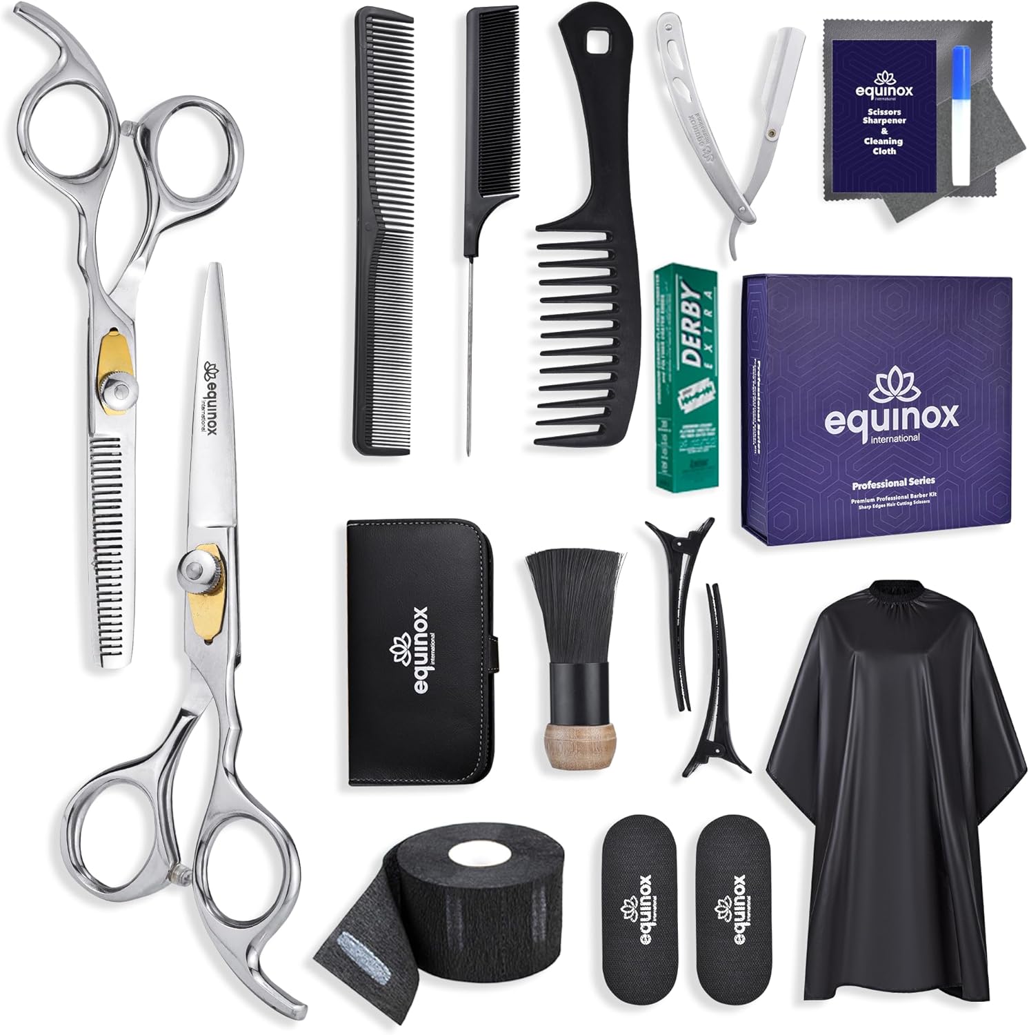 Equinox Professional Hair Scissors Set - Pro Barber Kit, Includes Cutting Scissors, Thinning Shears, Straight Razor, 3 Combs, Clips, Grippers - Salon & Barber Supplies, Hair Tools
