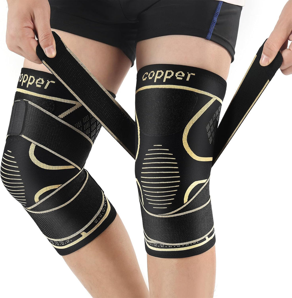 Copper Knee Braces with Strap for Knee Pain Women and Men(2 Pack), Knee Compression Sleeve for Arthritis, ACL, Meniscus Tear, Joint Pain Relief, Knee Support for Working, Running, Weightlifting(2XL)