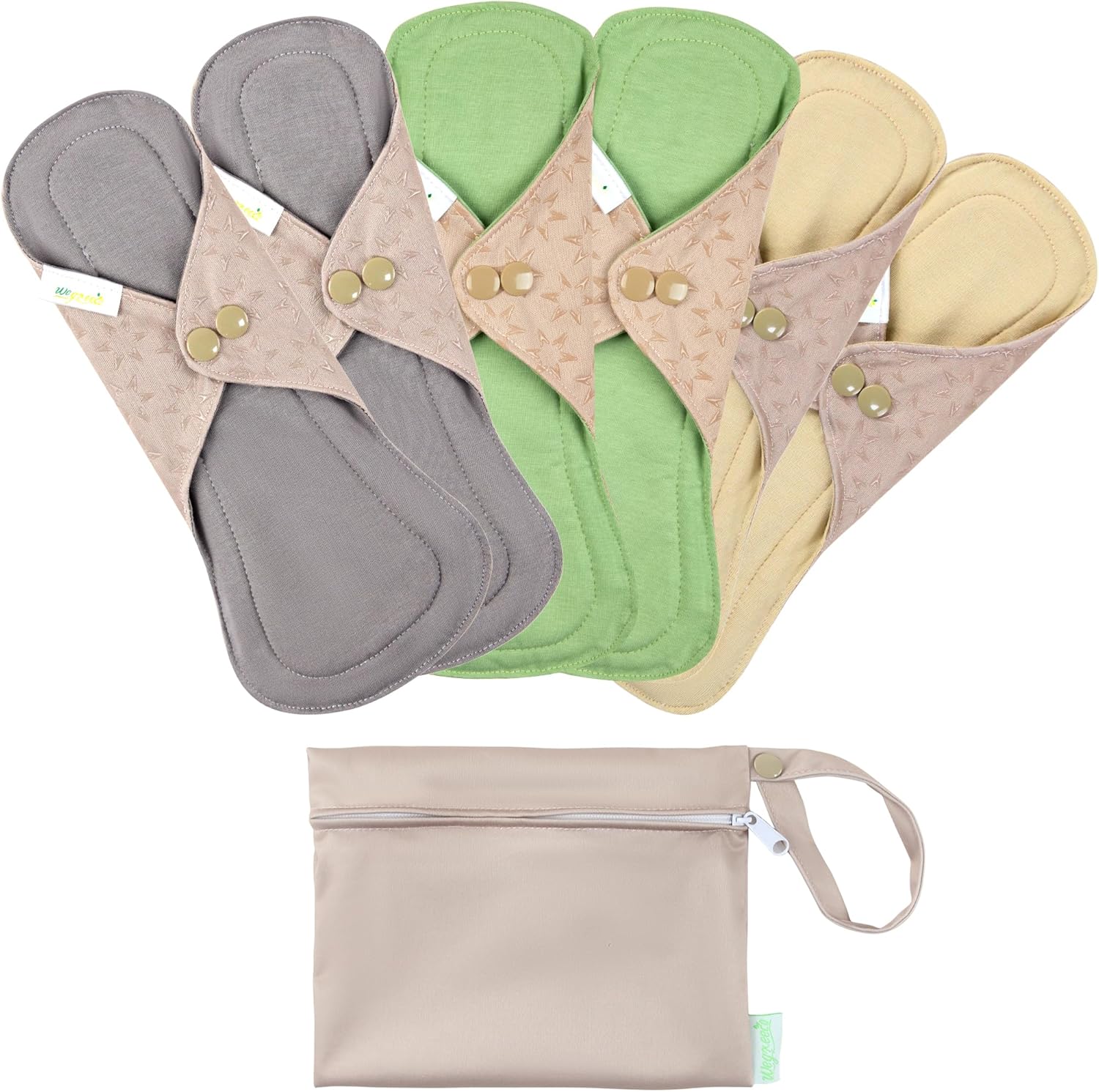 wegreeco 6 Pcs Reusable Menstrual Pads, Ultra Absorbent Cloth Pads for Heavy Flow, Sanitary for Teens, Women, Nonslip, Inner Mustard Yellow, Grey, Beige, Rose Gold Outer, M
