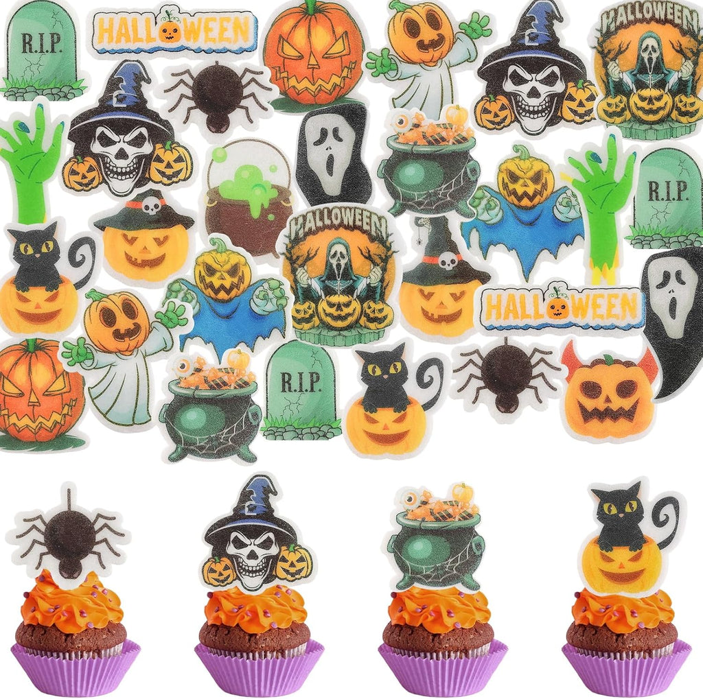 Morofme 60pcs Edible Halloween Cupcake Toppers Edible Pumpkin Cake Topper Spider Cake Decorations Wafer Paper Halloween Ghost Cake Decor Bat Black Cat for Party Cake Cookies, 15 kinds of patterns