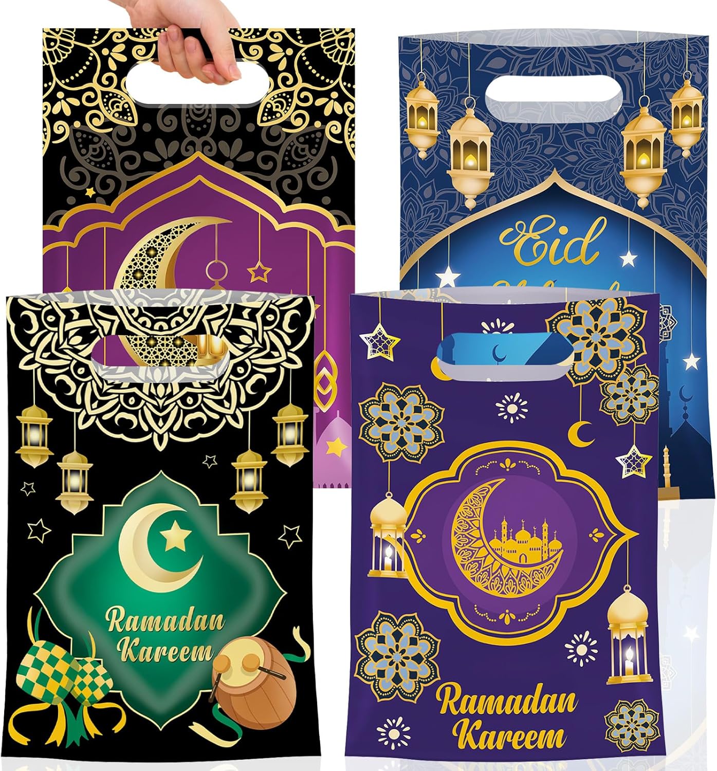 50 Pcs Ramadan Gift Bags with Handles - Eid Mubarak Goodie Bag, Ramadan Kareem Plastic Goody Candy Cookie Snack Treat Party Favor Bags Bulk for Islamic Muslim Eid Mubarak Party Supplies Favors,4 Style