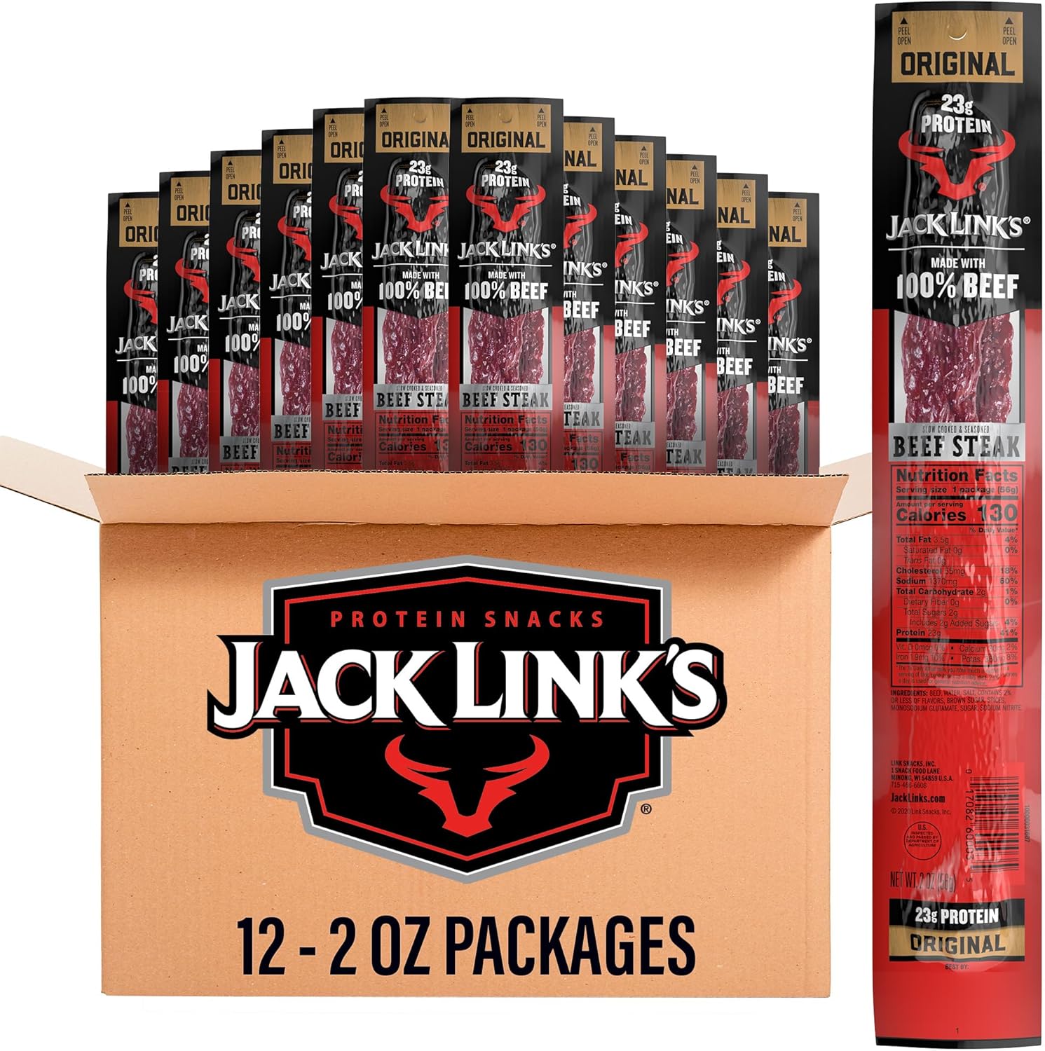 Jack Link's Beef Steak, Original - Protein Snacks, Beef Jerky Meat Snack with 23g of Protein, Made with 100% Beef, Individually Wrapped Bulk Snack Pack, Keto Friendly - 2 Oz. (12 Count)