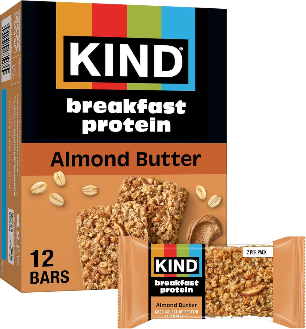 KIND Breakfast Protein Bars, Almond Butter, Gluten Free, Low Sodium, Healthy Snacks, 8g Protein, 6 Count (6 Packs of 2 Bars)